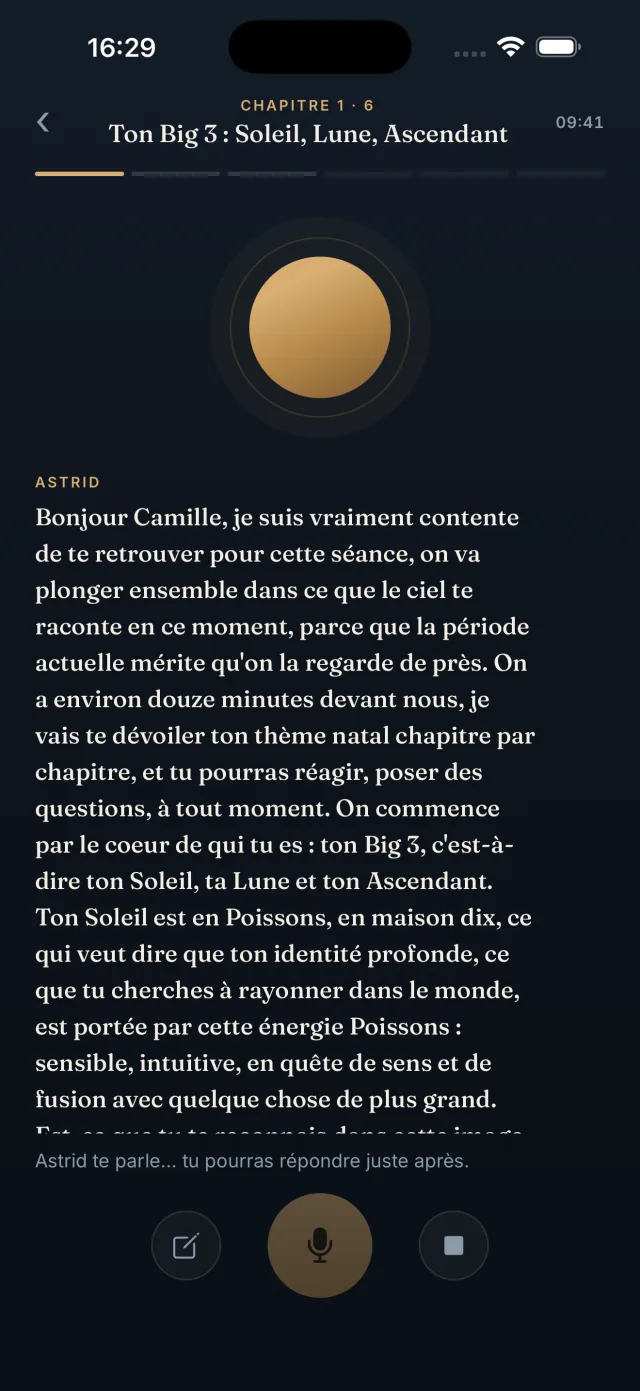 L'écran de séance d'Astrid sur iPhone : chapitre 1, ton Big 3.